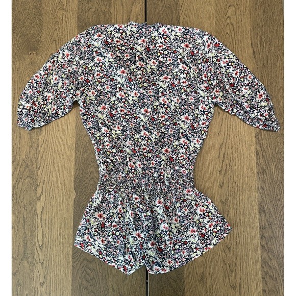 Poupette St Barth Navy Floral Romper Women’s S Frayed Hem Half Sleeve V Neck - Picture 2 of 13